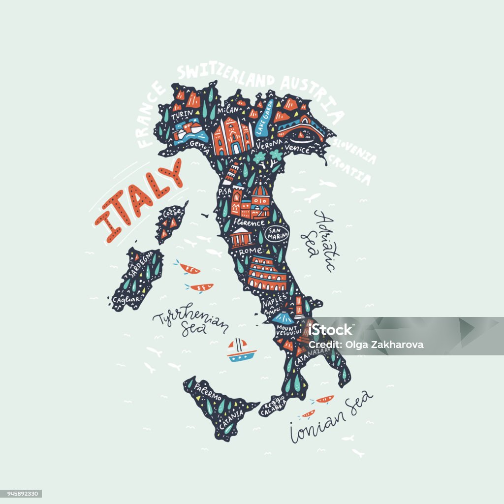 Mappa di disegno a mano dell'Italia - arte vettoriale royalty-free di Italia