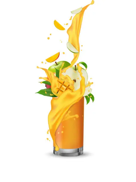 Vector illustration of Mango apple fruit cocktail. Splash swirl in the realistic glass.  3d Realistic Vector.