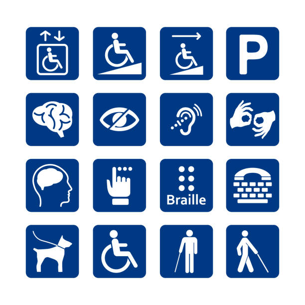 ilustraciones, imágenes clip art, dibujos animados e iconos de stock de conjunto cuadrado azul de los iconos de la discapacidad. conjunto de iconos con discapacidad. iconos de la discapacidad intelectual, sensorial, físico y mental. - alcanzable