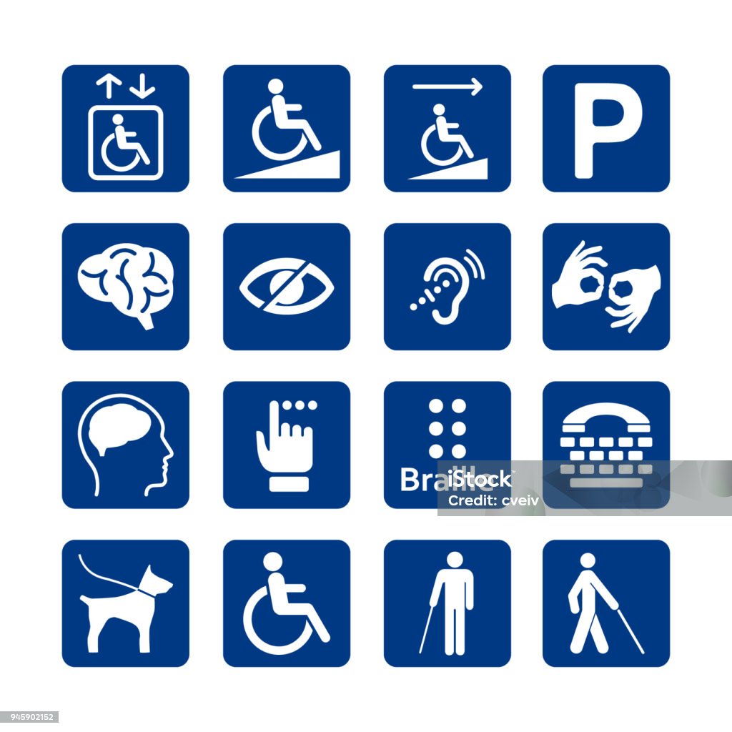 Blue square set of disability icons. Disabled icon set. Mental, physical, sensory, intellectual disability icons. Icon Symbol stock vector