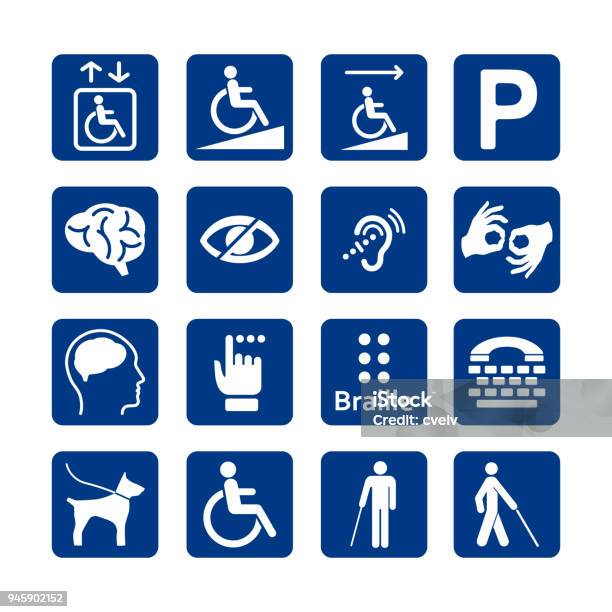 Blue Square Set Of Disability Icons Disabled Icon Set Mental Physical Sensory Intellectual Disability Icons Stock Illustration - Download Image Now