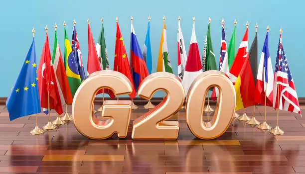 G20 meeting concept, flags of all members G20. 3D rendering