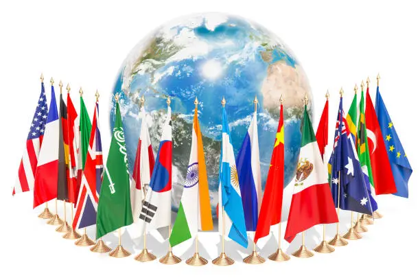 International global communication concept with flags around the Earth Globe, 3D rendering isolated on white background. The source of the map - https://svs.gsfc.nasa.gov/3615