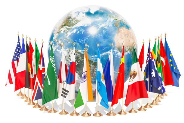 международная глобальная концепция связи с флагами вокруг земного шара, 3d-рендеринг изолированы на белом фоне - group of 20 стоковые фото и изображения