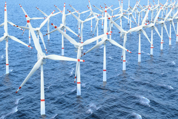 istock Wind farm, set of wind turbines in sea. 3D rendering 945905634