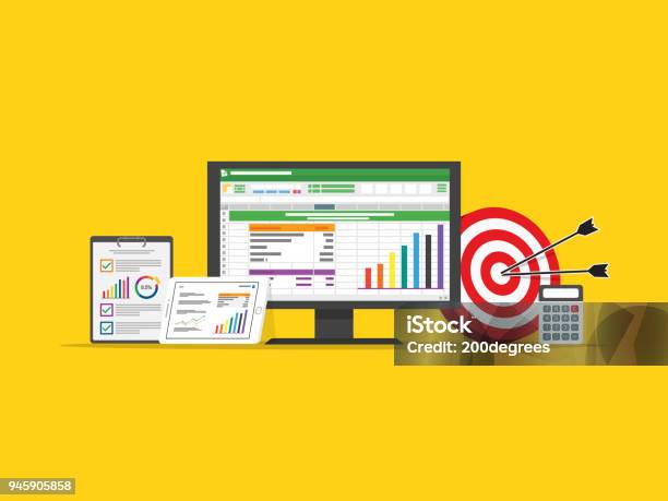 Spreadsheet Business Finance Data And Marketing Target Strategy Concept In Flat Design Vector Illustration Stock Illustration - Download Image Now