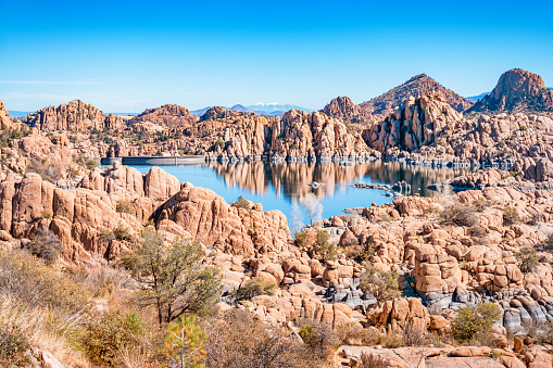 Stock photograph of Watson Lake in Prescott, Arizona USA on a blue sky day.