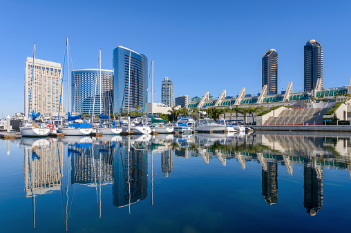 San Diego, California, USA - January 29, 2018: A panoramic morning view of San Diego Marina, surrounded by modern high-rising buildings, at side of San Diego Bay in Marina District of the Downtown.