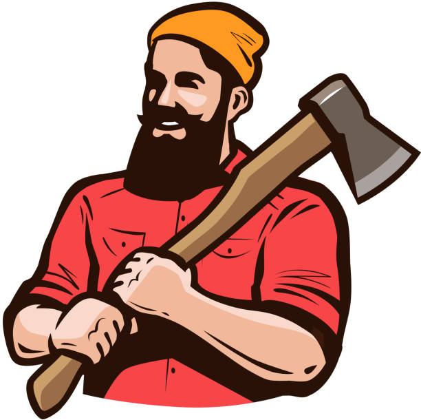 holzfäller, axeman mit axt in händen. schreinerei, schreiner, sägewerk-konzept. cartoon-vektor-illustration - lumberjack lumber industry forester axe stock-grafiken, -clipart, -cartoons und -symbole