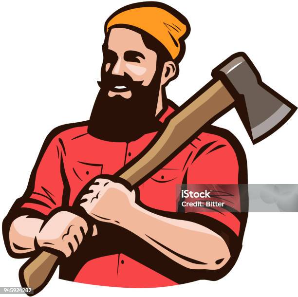 Lumberjack Axeman With Axe In Hands Carpentry Woodworker Sawmill Concept Cartoon Vector Illustration Stock Illustration - Download Image Now