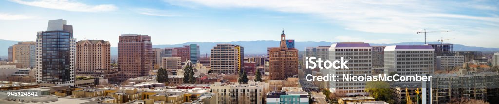 San Jose elevated downtown skyline wide banner panoramic view San Jose California  elevated downtown skyline wide panoramic view San Jose - California Stock Photo
