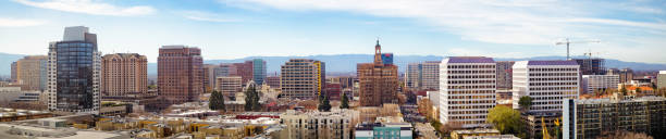 san jose elevated downtown skyline wide banner panoramic view - office park contemporary construction architecture imagens e fotografias de stock