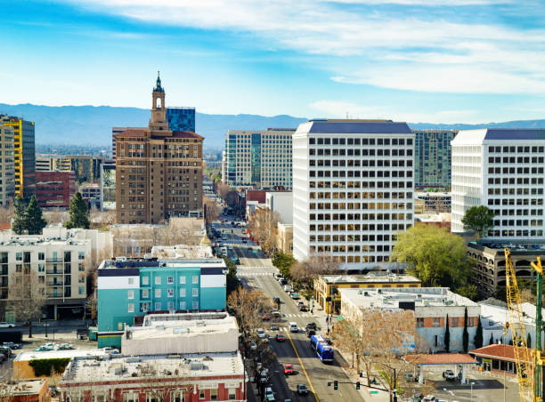 san jose california elevated santa clara street view - office park contemporary construction architecture imagens e fotografias de stock