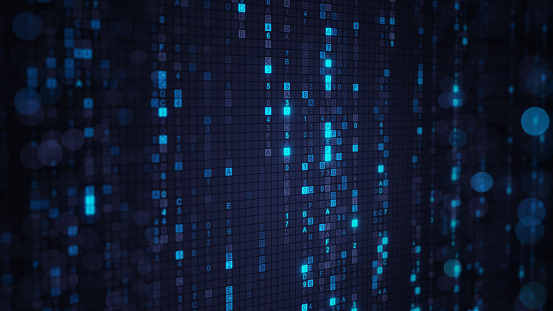 Blue matrix rain of digital HEX code with bokeh on computer screen. Abstract technology 3D render with shallow DOF