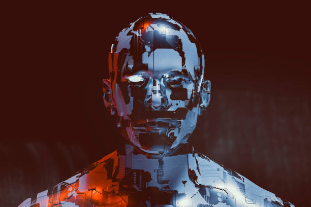 spooky futuriste cyborg de sexe masculin - androïde photos et images de collection