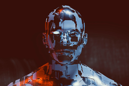 Spooky futuristic male cyborg.