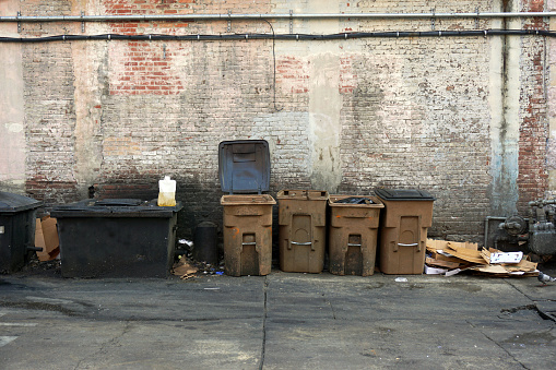 Garbage cans and assorted trash in an alley.