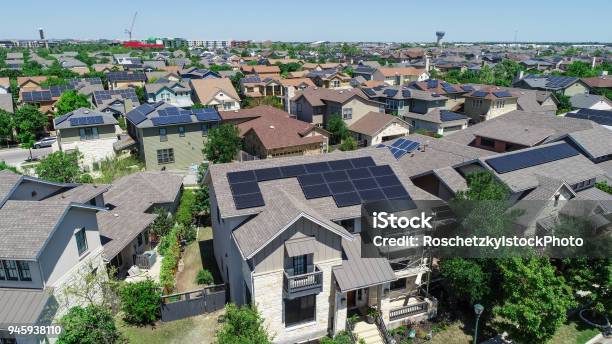 Mueller Suburb Solar Panel Rooftops And Modern Austin Living Stock Photo - Download Image Now