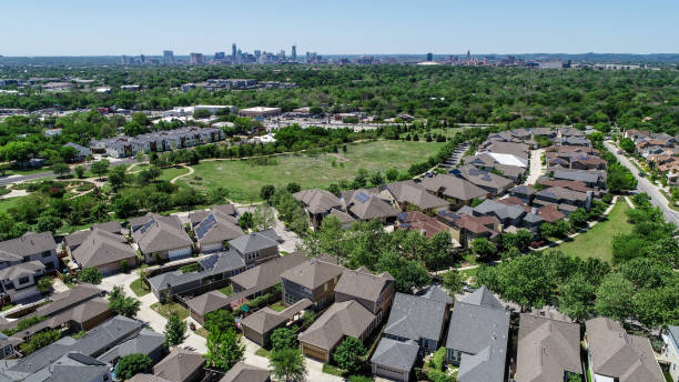 istock Mueller Suburb new development Solar Panel Rooftops and Modern Austin , Texas lIving - Aerial view - 945938128