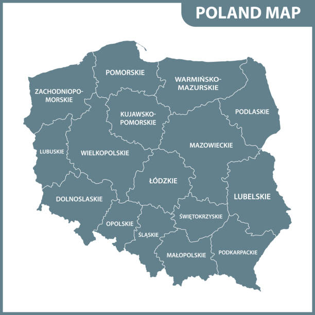 szczegółowa mapa polski z regionami lub państwami - poland stock illustrations