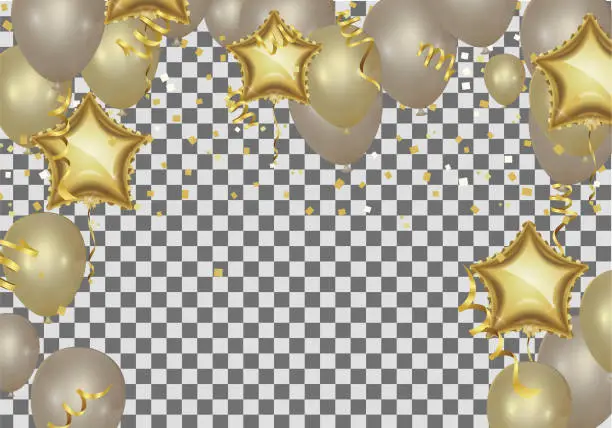 Vector illustration of star shaped balloons. birthday greeting Golden Shop Now background with silver, rose gold and gold star shaped balloons