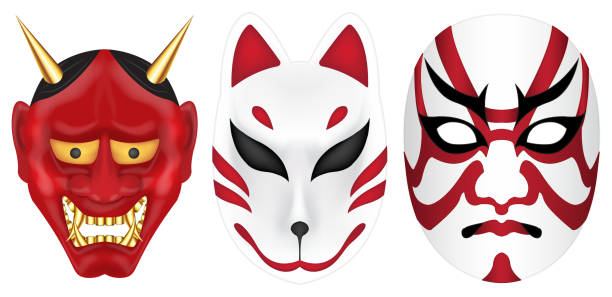 ilustrações, clipart, desenhos animados e ícones de conjunto de máscara japão demônio raposa e labuki - kabuki