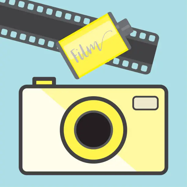 Vector illustration of Retro camera and film on a blue background,flat style.