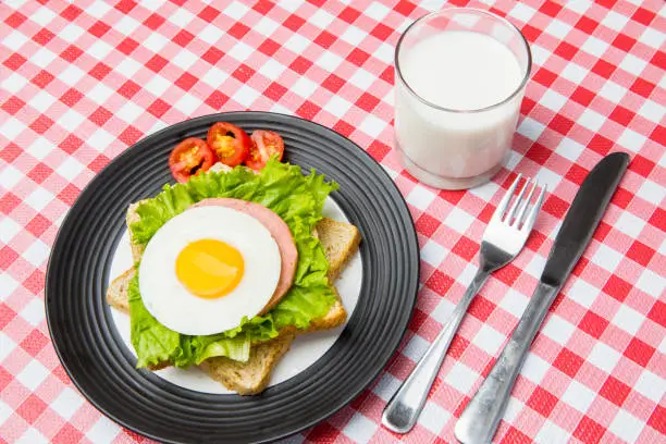 Top view of fried egg sandwich served with milk on the table