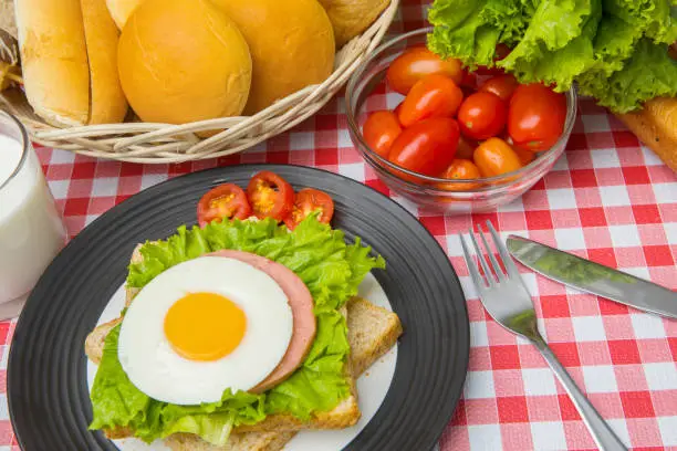Image of tasty egg sandwich with breads, milk, and tomato on the table