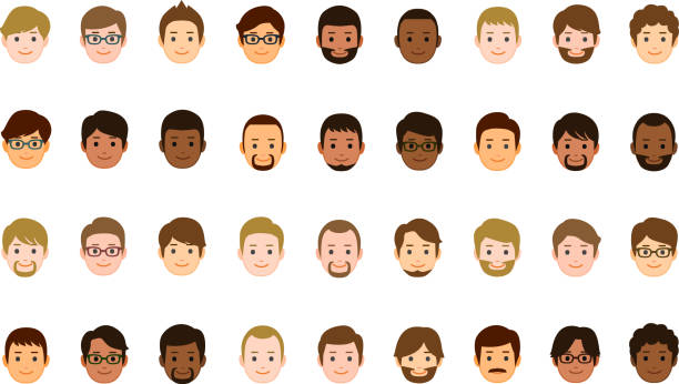 Male faces icons 36 people faces icons. men hair cut stock illustrations