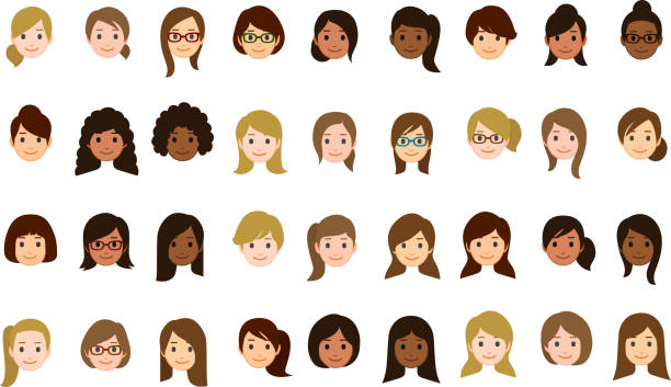 ilustrações de stock, clip art, desenhos animados e ícones de female faces icons - hairstyle