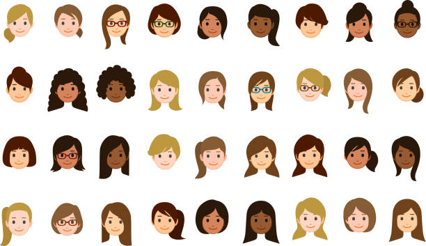 Female faces icons 36 people faces icons. diverse family stock illustrations