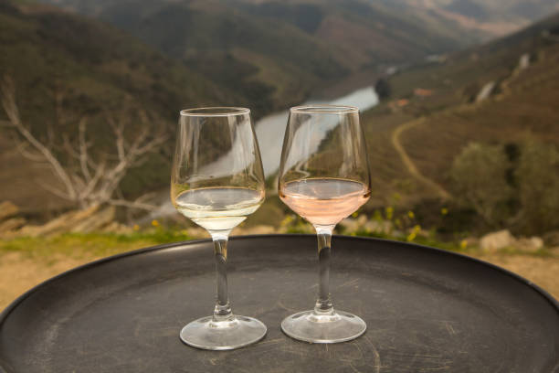 White and rose  wine overlooking the Douro River stock photo