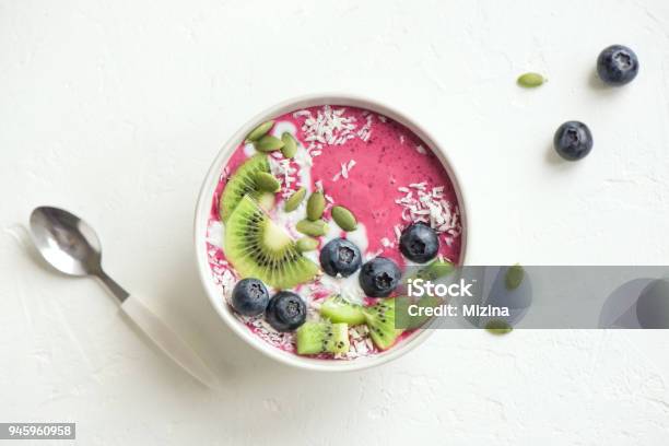 Blueberry Coconut Smoothie Bowl Stock Photo - Download Image Now - Bowl, Acai, Smoothie