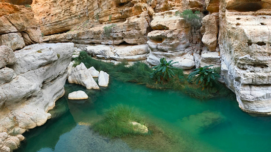 Emerald green waters and white rocks along the desert oasis hike of Wadi Shab in Oman