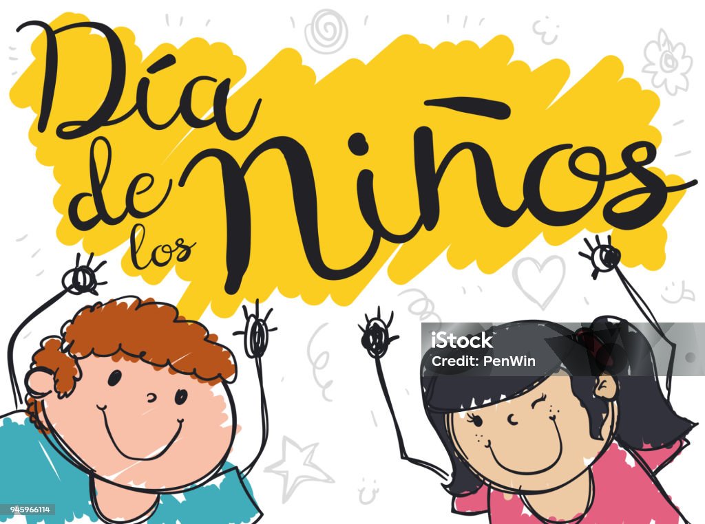 Cute Kids with Hands High for Children's Day in Spanish Smiling pair of kids celebrating Children's Day (written in Spanish) with hands high up and doodles in the background. Children's Day stock vector