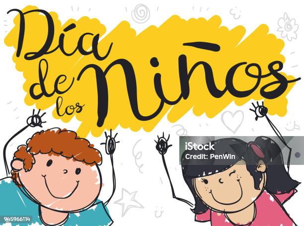 Cute Kids With Hands High For Childrens Day In Spanish Stock Illustration - Download Image Now