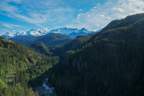 istock Dramatic epic snowcovered mountain range behind green forest valley with blue sky and river 945968596