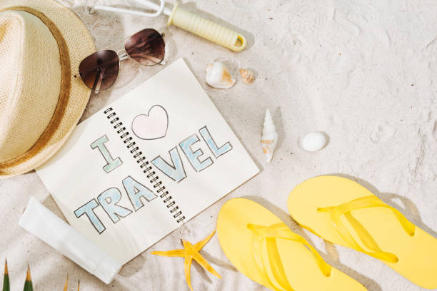 istock Exotic holiday (vacation) -  hat, sunglasses and yellow flip flops on send. Beach accessories for man. 945972148