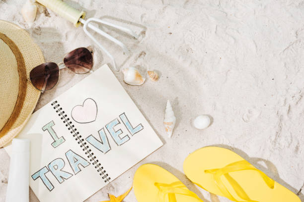 istock Exotic holiday (vacation) -  hat, sunglasses and yellow flip flops on send. Beach accessories for man. 945972236
