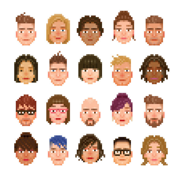 20 pixelated avatar of different races A set of 20 pixelated avatar of different races and styles. pixelated illustrations stock illustrations