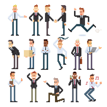 Pixelated businessman set of different races and action.
