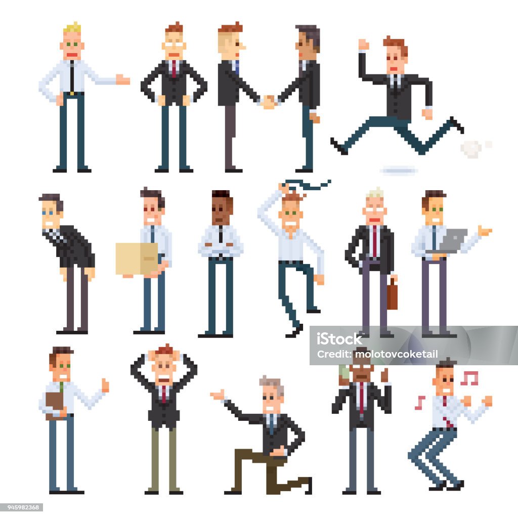 pixelated businessman set Pixelated businessman set of different races and action. Pixelated stock vector