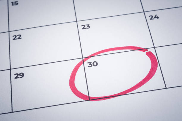 Mark end of month, notification calendar reminder. Closeup blank planner calendar, minimal style background. Focus on end of month with red circle mark. Important date notification, reminder note, business timetable schedule, project management. calendar date circled stock pictures, royalty-free photos & images