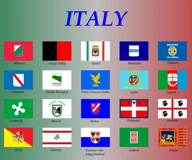 Vector illustration of all flags of the regions of Italy,