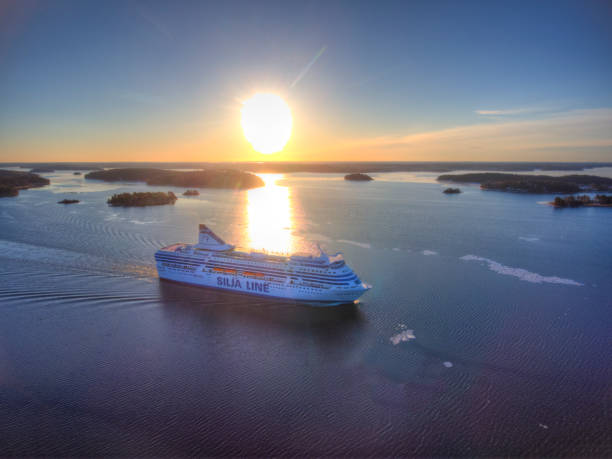 aerial view of silja symphony cruise ship - stockholm sweden sea winter imagens e fotografias de stock
