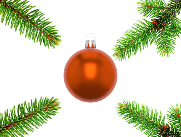 istock 3D illustration. Four fir tree branches closeup showing needles arranged symmetrically around a gold bauble at the center of a rectangle, white background. 946000888