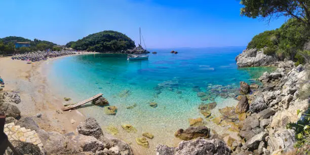Panorama of Sarakiniko beach on Ionian sea in Greece.