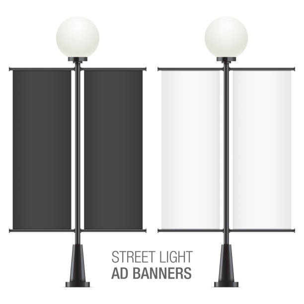 набор круглых векторных фонарных столбов с рекламными флагами. - ellipse chrome banner sign stock illustrations
