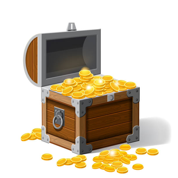 istock Piratic trunk chests with gold coins treasures. . Vector illustration. Catyoon style, isolated 946017544